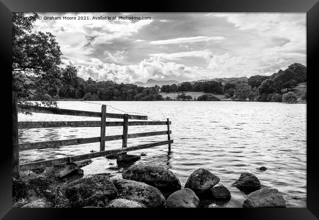Old fence at Loughrigg Tarn monochrome Framed Print by Graham Moore