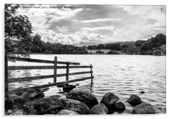 Old fence at Loughrigg Tarn monochrome Acrylic by Graham Moore