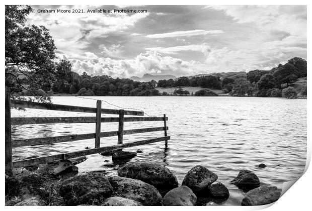 Old fence at Loughrigg Tarn monochrome Print by Graham Moore