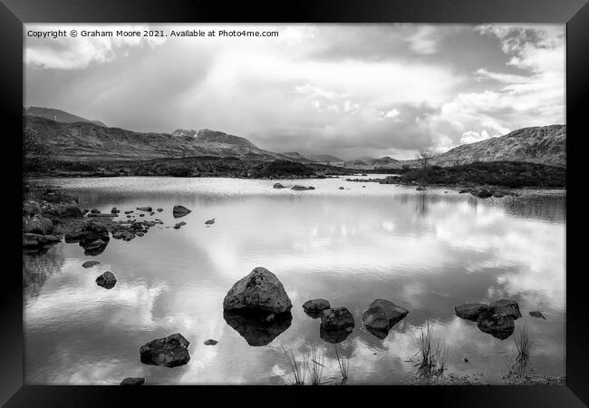 Lochan na h Achlaise monochrome Framed Print by Graham Moore