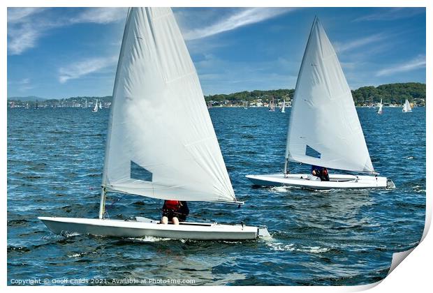 Teens racing in small sailboat with white sails. Print by Geoff Childs
