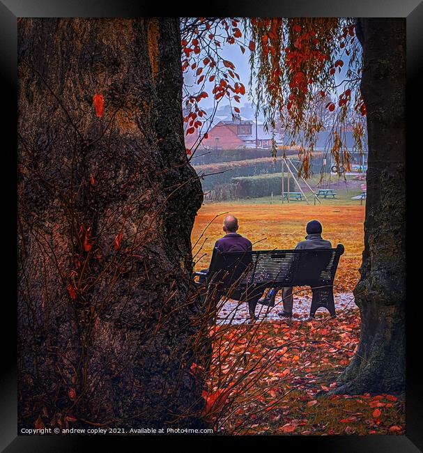Morning chat in the park Framed Print by andrew copley