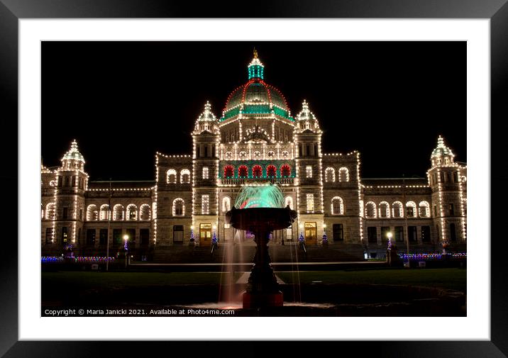 Parliament Buildings in Victoria, BC at Night Framed Mounted Print by Maria Janicki