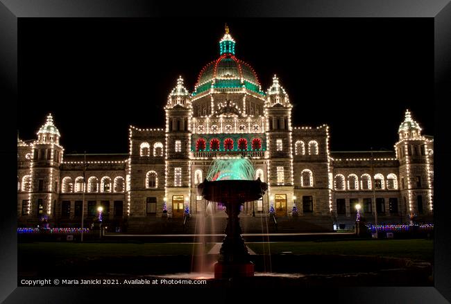 Parliament Buildings in Victoria, BC at Night Framed Print by Maria Janicki