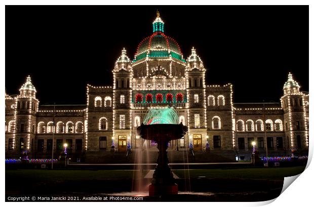Parliament Buildings in Victoria, BC at Night Print by Maria Janicki