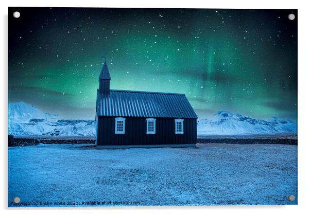 ,Black church Iceland,the Búðakirkja. . Acrylic by kathy white