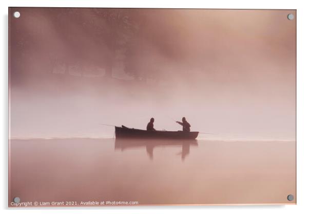 People fishing from a boat on a misty lake at dawn. Acrylic by Liam Grant
