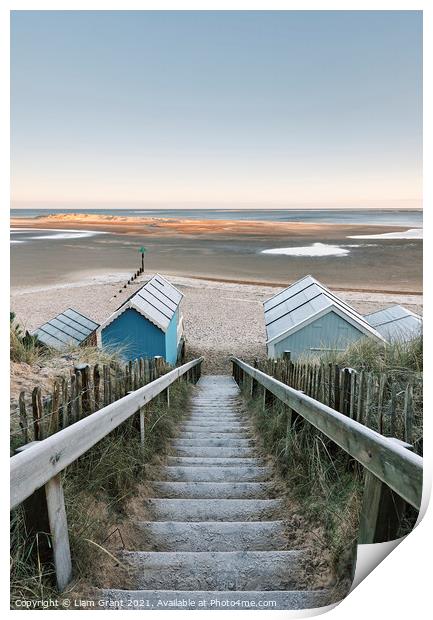 Frost covered beach huts at sunrise. Wells-next-the-sea, Norfolk, UK. Print by Liam Grant