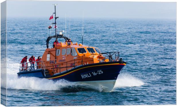 Moelfre RNLI Lifeboat at Sea off Anglesey Canvas Print by Pearl Bucknall