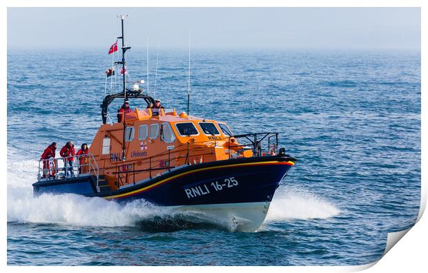 Moelfre RNLI Lifeboat at Sea off Anglesey Print by Pearl Bucknall