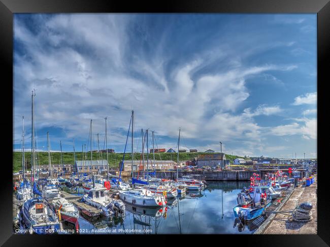 Whitehills Village Fishing Boat Harbour And Marina High Summer Sky Framed Print by OBT imaging