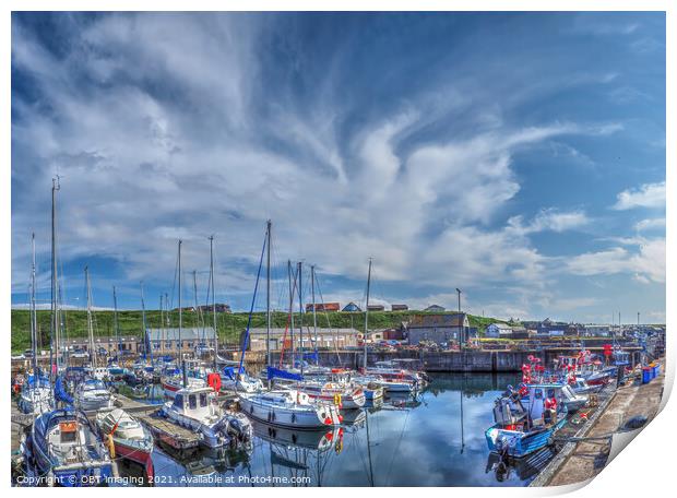 Whitehills Village Fishing Boat Harbour And Marina High Summer Sky Print by OBT imaging