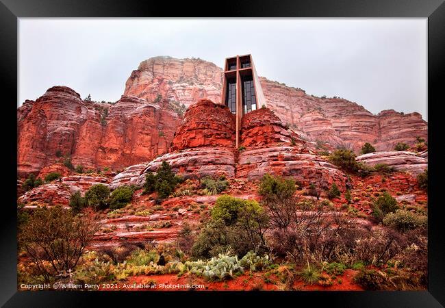 Chapel of Holy Cross Red Rock Canyon Rain Clouds Sedona Arizona Framed Print by William Perry