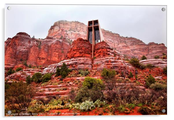 Chapel of Holy Cross Red Rock Canyon Rain Clouds Sedona Arizona Acrylic by William Perry