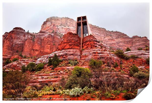 Chapel of Holy Cross Red Rock Canyon Rain Clouds Sedona Arizona Print by William Perry