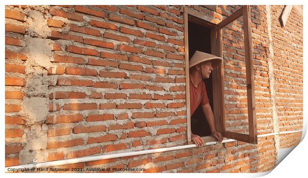 A Caucasian man in window with conical hat. Print by Hanif Setiawan