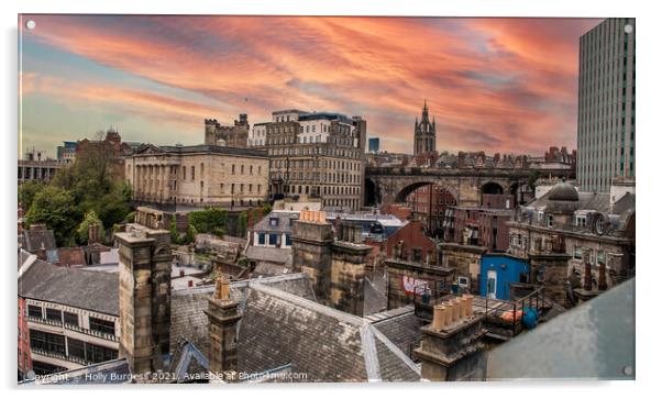 Newcastle city roof tops at sunsetting  Acrylic by Holly Burgess