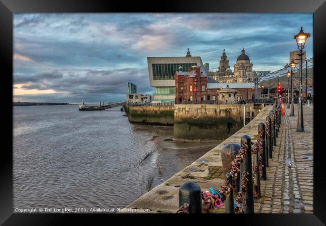 Dusk on the Mersey and quayside Framed Print by Phil Longfoot