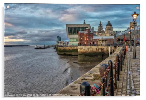Dusk on the Mersey and quayside Acrylic by Phil Longfoot