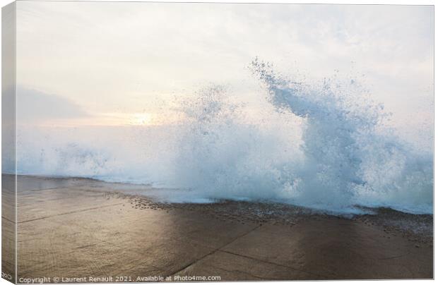 Splashing wave on dyke  in Saint-Malo Canvas Print by Laurent Renault