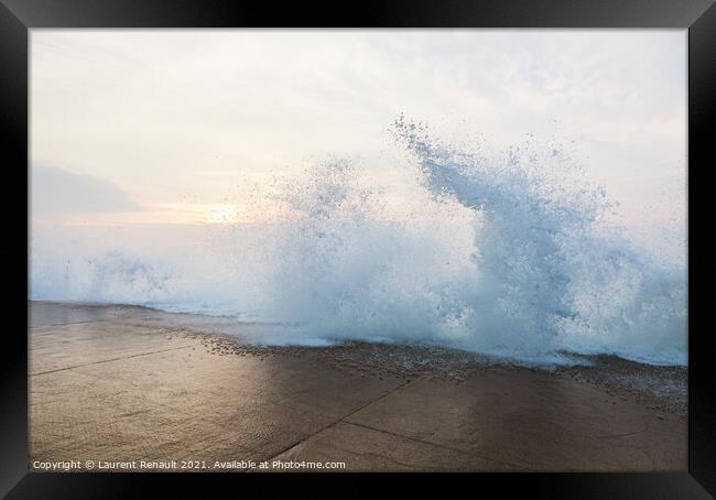 Splashing wave on dyke  in Saint-Malo Framed Print by Laurent Renault