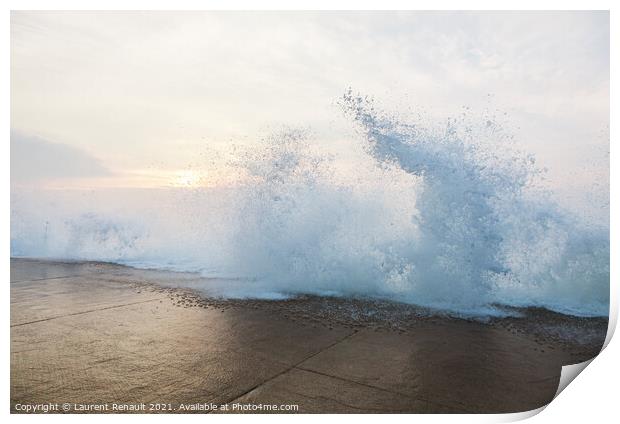 Splashing wave on dyke  in Saint-Malo Print by Laurent Renault