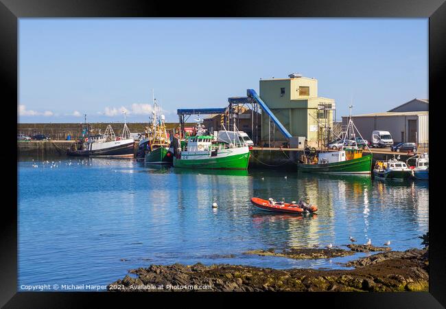 Trawlers at the quayside at Ardglass Harbour Northern Ireland Framed Print by Michael Harper