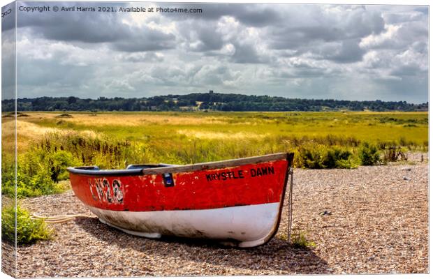 Boat at Cley next to the sea  Canvas Print by Avril Harris