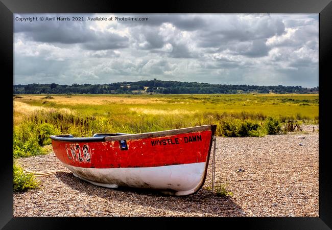 Boat at Cley next to the sea  Framed Print by Avril Harris