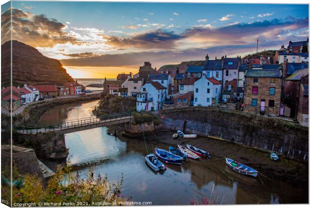 Staithes Harbour at Sunrise Canvas Print by Richard Perks