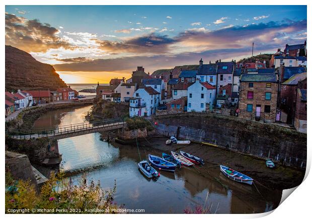 Staithes Harbour at Sunrise Print by Richard Perks