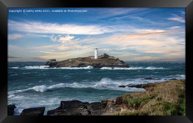 Godrevy lighthouse from Hayle beach Framed Print by kathy white