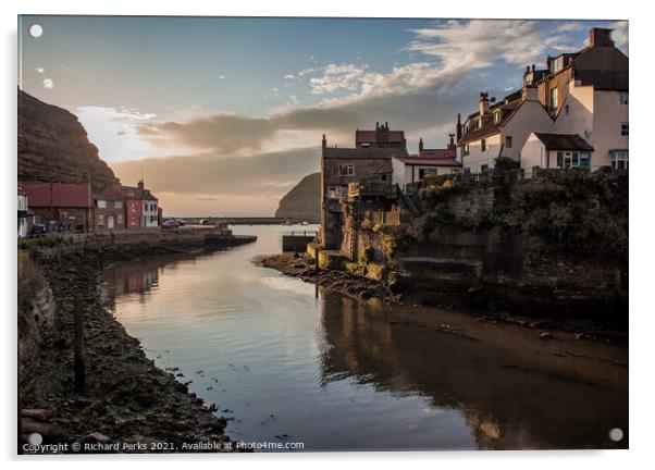 Serene Sunrise over Staithes Cove Acrylic by Richard Perks