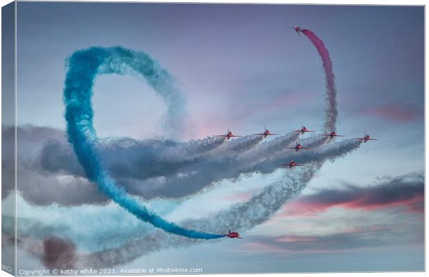 Red arrows, in a cornish sky,smoke trails,  Canvas Print by kathy white