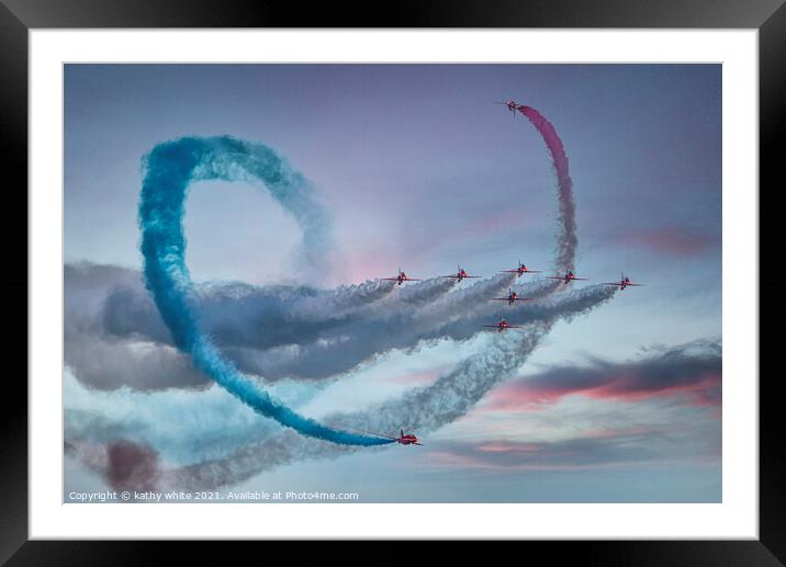 Red arrows, in a cornish sky,smoke trails,  Framed Mounted Print by kathy white