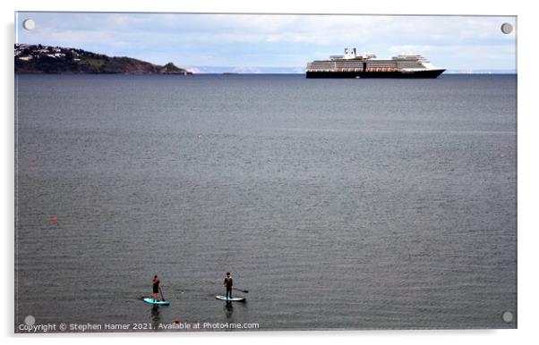 Paddle Boarders and Cruise Ship Acrylic by Stephen Hamer