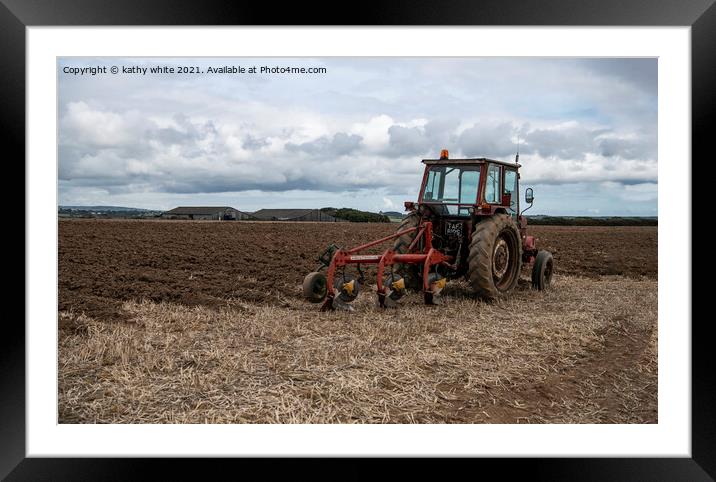 vintage Tractor  in a Cornish field Framed Mounted Print by kathy white