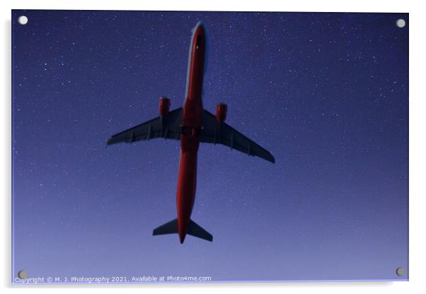 Passenger airplane in the stars Acrylic by M. J. Photography