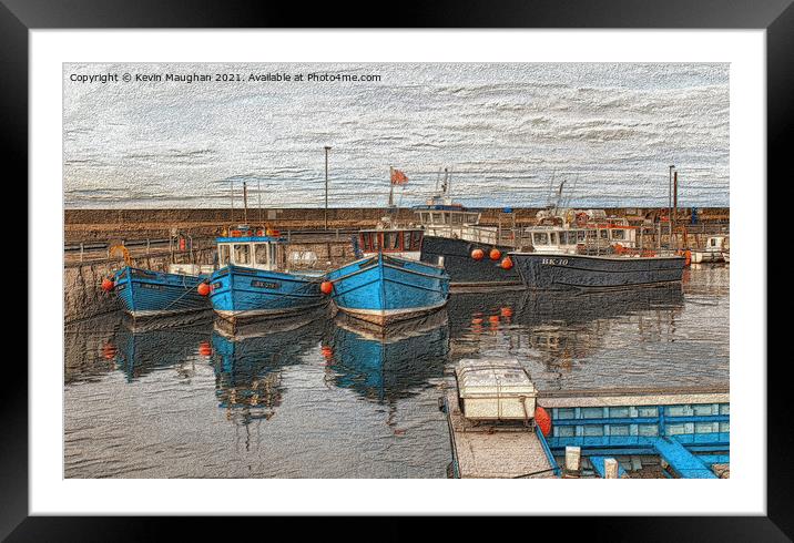 Fishing Boats In Seahouses Sketch Type Drawing Framed Mounted Print by Kevin Maughan