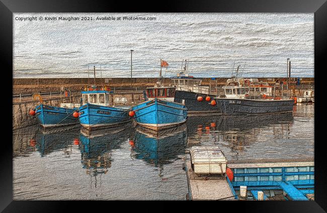 Fishing Boats In Seahouses Sketch Type Drawing Framed Print by Kevin Maughan