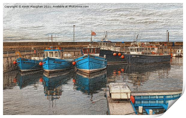 Fishing Boats In Seahouses Sketch Type Drawing Print by Kevin Maughan
