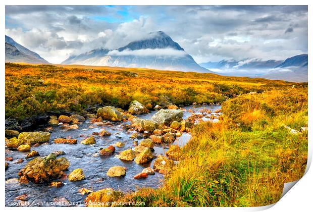 Buchaille Etive Mor in the light of dawn Print by Chris Drabble