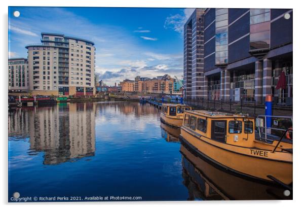 Leeds city centre docklands Taxi boats  Acrylic by Richard Perks