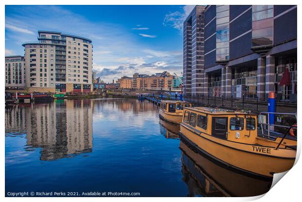 Leeds city centre docklands Taxi boats  Print by Richard Perks