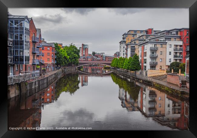 River Aire Leeds City centre reflections Framed Print by Richard Perks