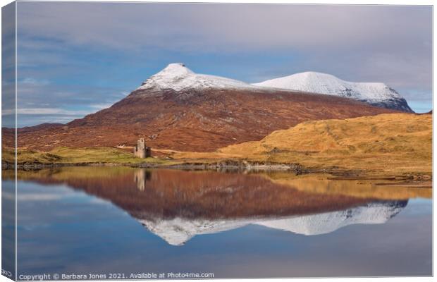 Quinag and Ardvreck Castle Ruins Loch Assynt. Canvas Print by Barbara Jones