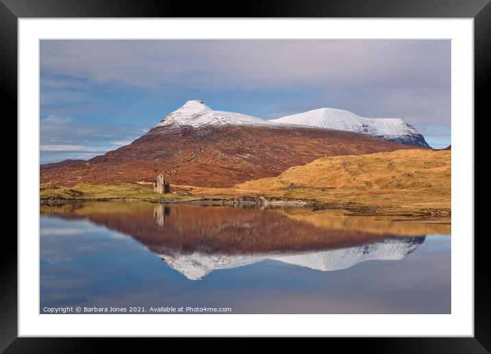 Quinag and Ardvreck Castle Ruins Loch Assynt. Framed Mounted Print by Barbara Jones