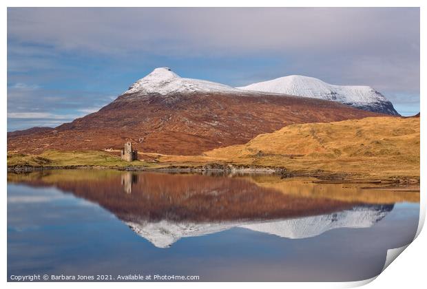 Quinag and Ardvreck Castle Ruins Loch Assynt. Print by Barbara Jones