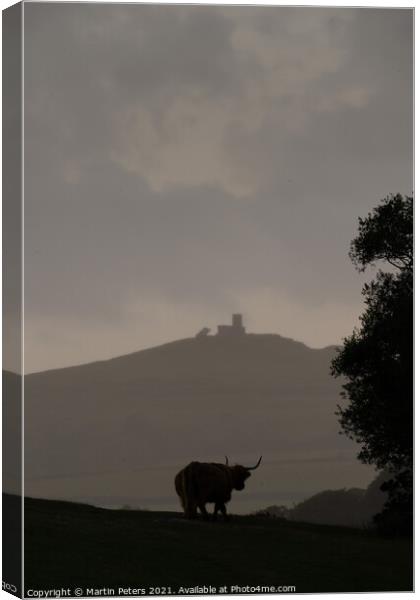 Majestic Highland Cow and Brentor Church Canvas Print by Martin Yiannoullou