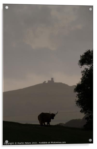 Majestic Highland Cow and Brentor Church Acrylic by Martin Yiannoullou
